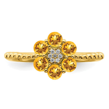 14K Gelbgold Ring mit Citrin und echten Diamanten im Blumendesign