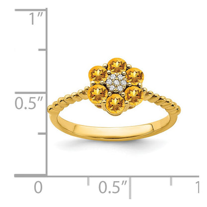 14K Gelbgold Ring mit Citrin und echten Diamanten im Blumendesign