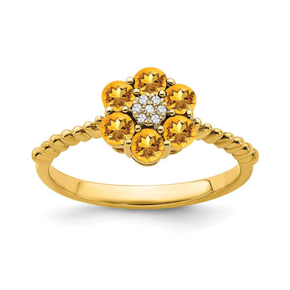 14K Gelbgold Ring mit Citrin und echten Diamanten im Blumendesign