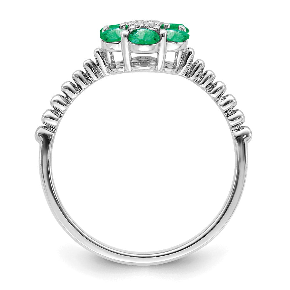 14K Weißgold Ring mit Smaragd und echten Diamanten in Blumendesign