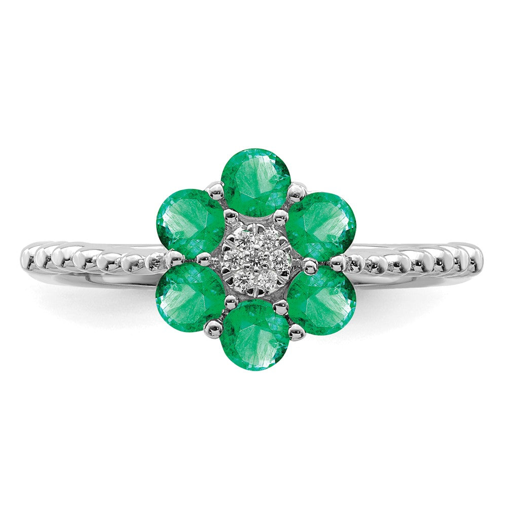 14K Weißgold Ring mit Smaragd und echten Diamanten in Blumendesign