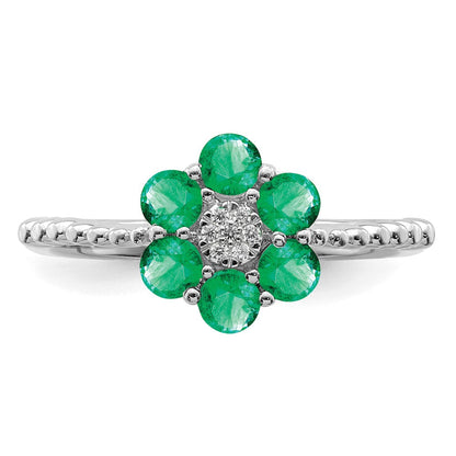 14K Weißgold Ring mit Smaragd und echten Diamanten in Blumendesign