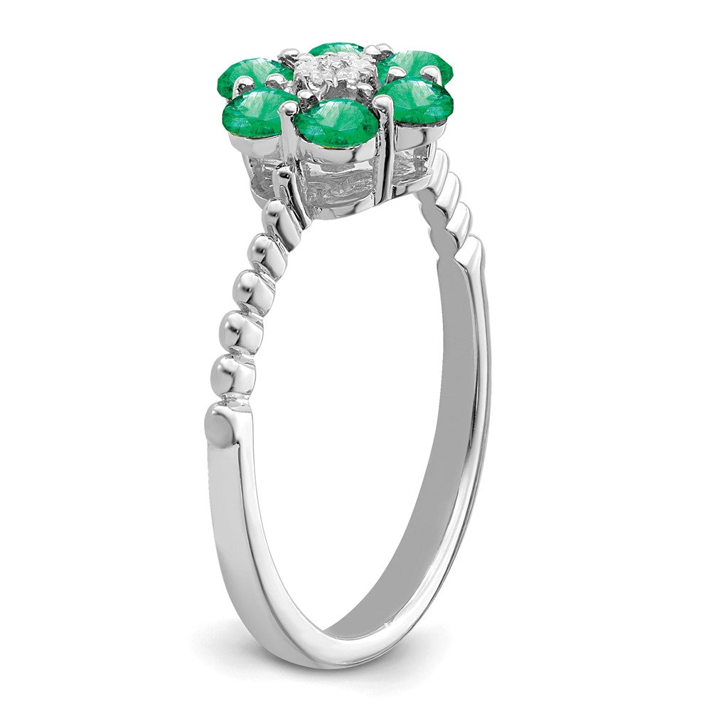 14K Weißgold Ring mit Smaragd und echten Diamanten in Blumendesign