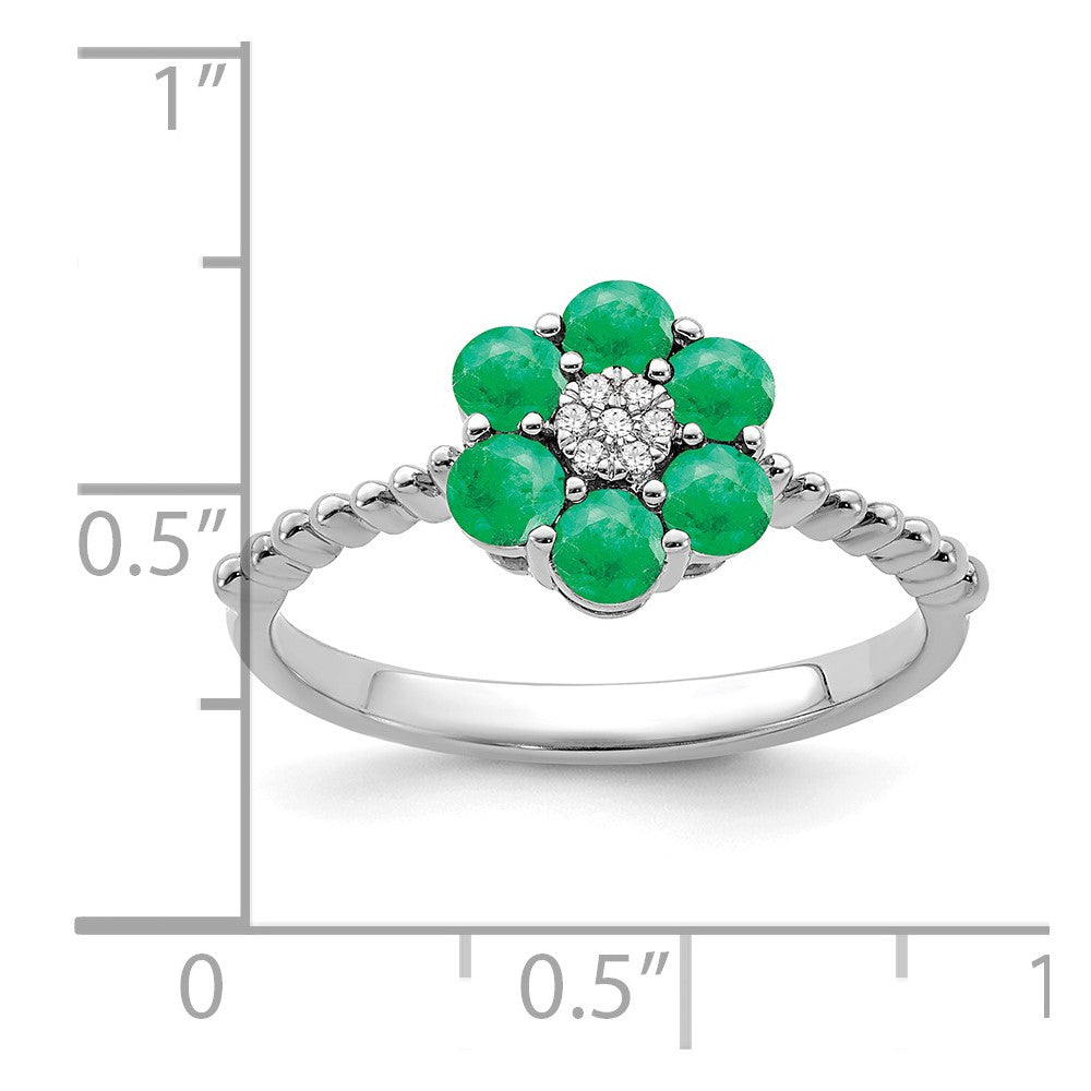 14K Weißgold Ring mit Smaragd und echten Diamanten in Blumendesign