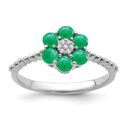 14K Weißgold Ring mit Smaragd und echten Diamanten in Blumendesign