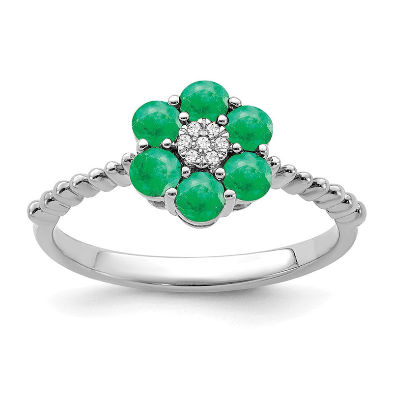 14K Weißgold Ring mit Smaragd und echten Diamanten in Blumendesign