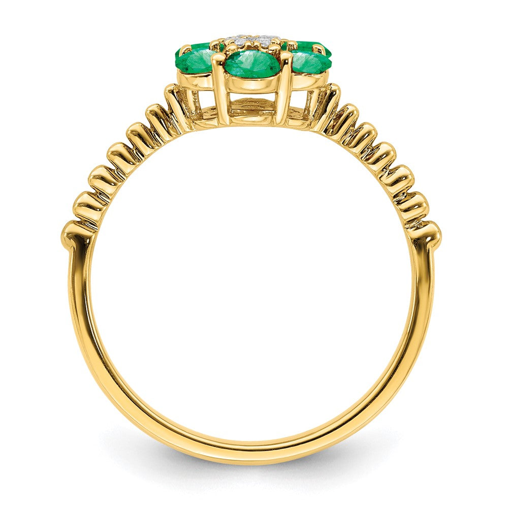 14K Gelbgold Ring mit Smaragd und echten Diamanten, Blumendesign