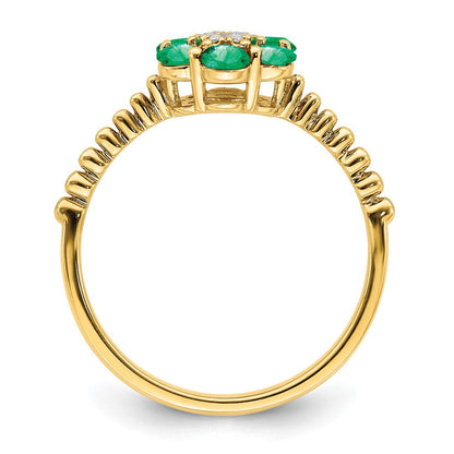 14K Gelbgold Ring mit Smaragd und echten Diamanten, Blumendesign