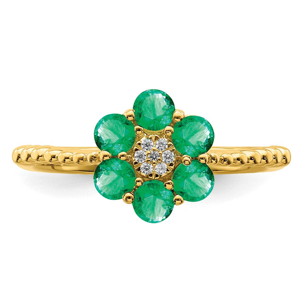 14K Gelbgold Ring mit Smaragd und echten Diamanten, Blumendesign