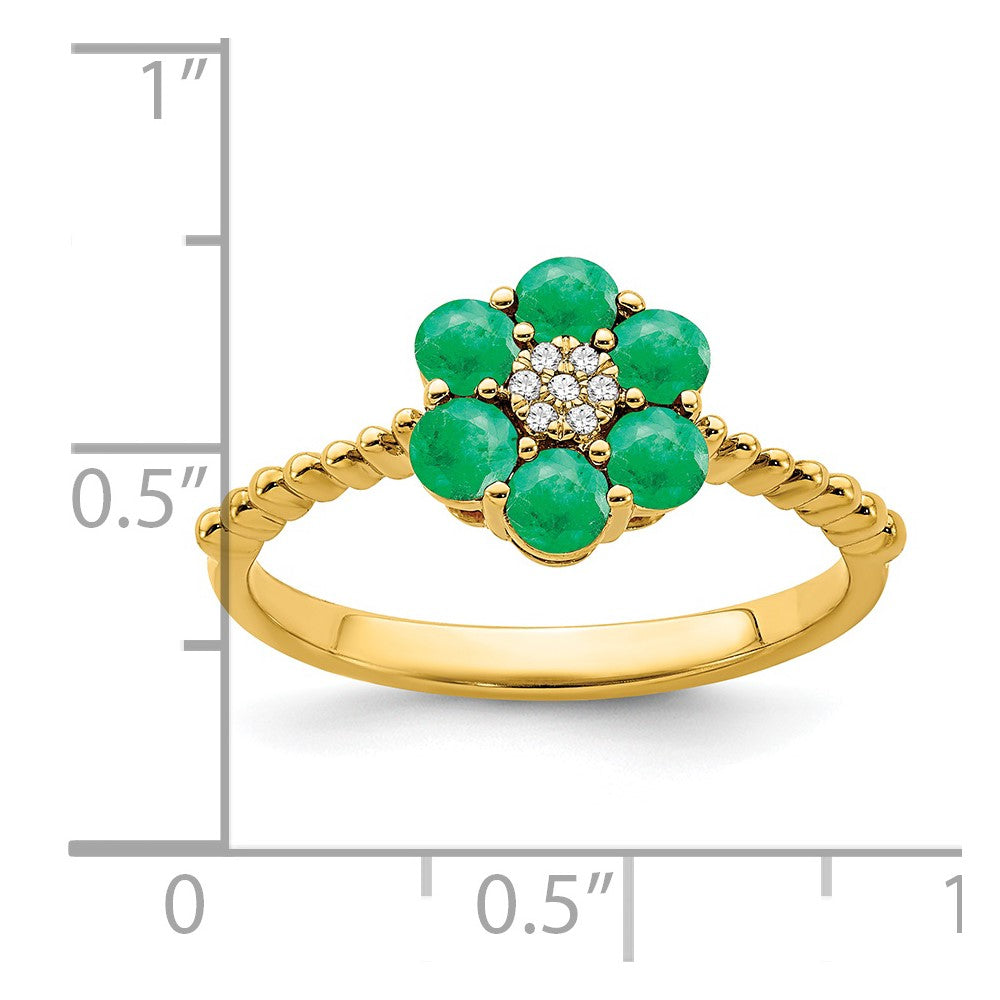 14K Gelbgold Ring mit Smaragd und echten Diamanten, Blumendesign