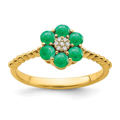 14K Gelbgold Ring mit Smaragd und echten Diamanten, Blumendesign