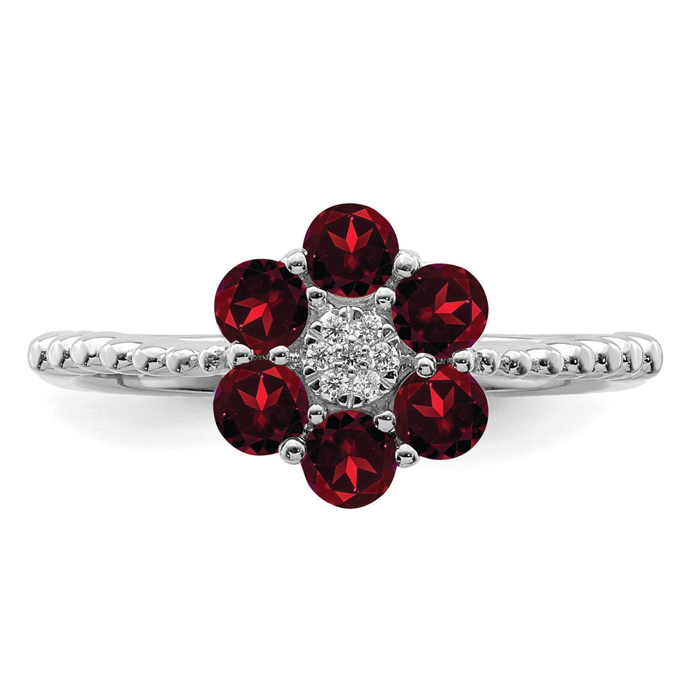 14K Weißgold Ring mit Granat und echten Diamanten in Blumendesign
