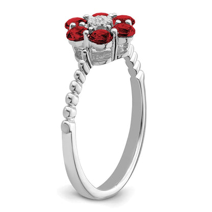 14K Weißgold Ring mit Granat und echten Diamanten in Blumendesign