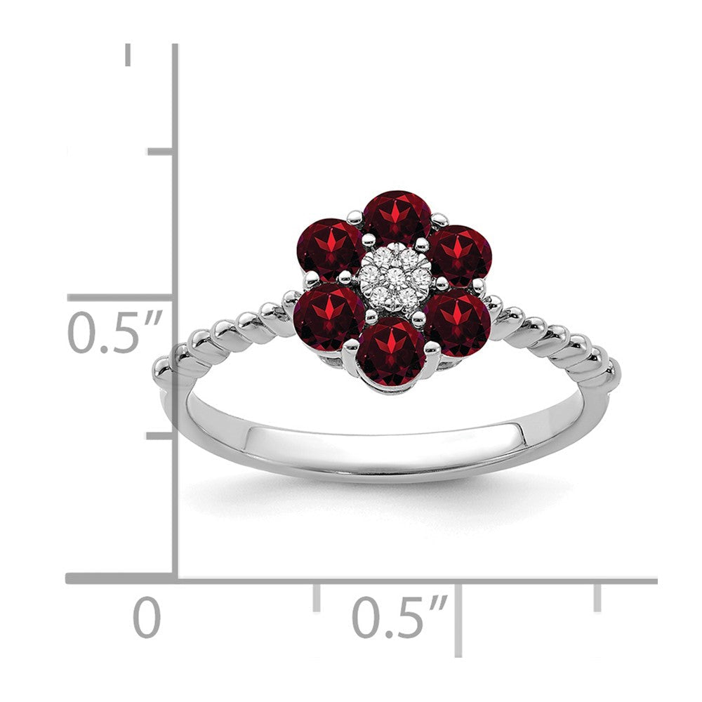 14K Weißgold Ring mit Granat und echten Diamanten in Blumendesign