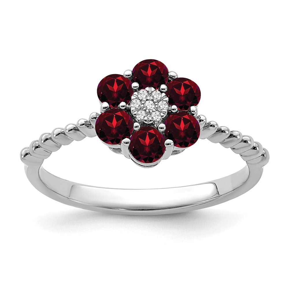 14K Weißgold Ring mit Granat und echten Diamanten in Blumendesign