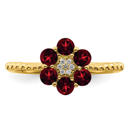 14K Gelbgold Ring mit Granat und echten Diamanten in Blumendesign