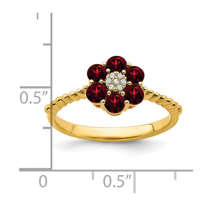 14K Gelbgold Ring mit Granat und echten Diamanten in Blumendesign