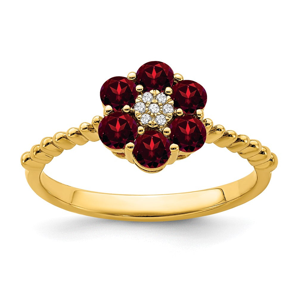 14K Gelbgold Ring mit Granat und echten Diamanten in Blumendesign