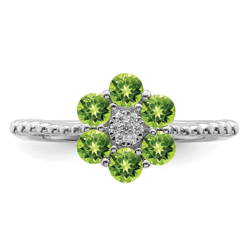 14K Weißgold Ring mit Peridot und echten Diamanten in Blumenoptik