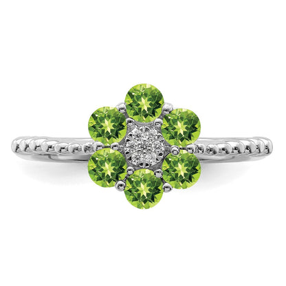 14K Weißgold Ring mit Peridot und echten Diamanten in Blumenoptik
