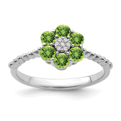 14K Weißgold Ring mit Peridot und echten Diamanten in Blumenoptik