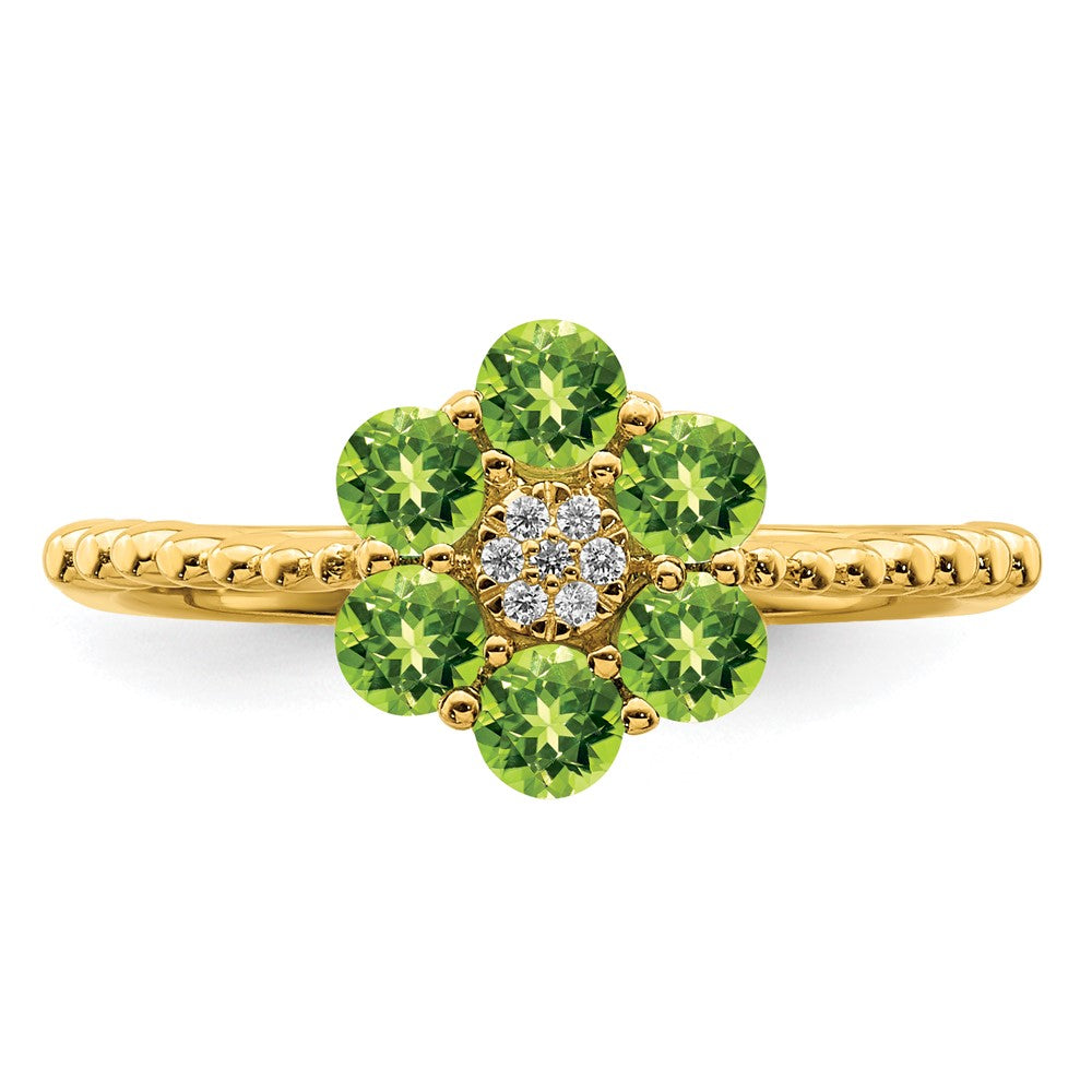 14K Gelbgold Ring mit Peridot und echten Diamanten, Blumen-Design