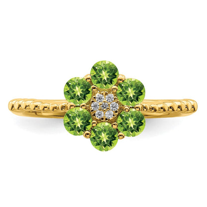 14K Gelbgold Ring mit Peridot und echten Diamanten, Blumen-Design