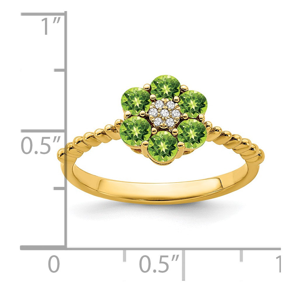 14K Gelbgold Ring mit Peridot und echten Diamanten, Blumen-Design