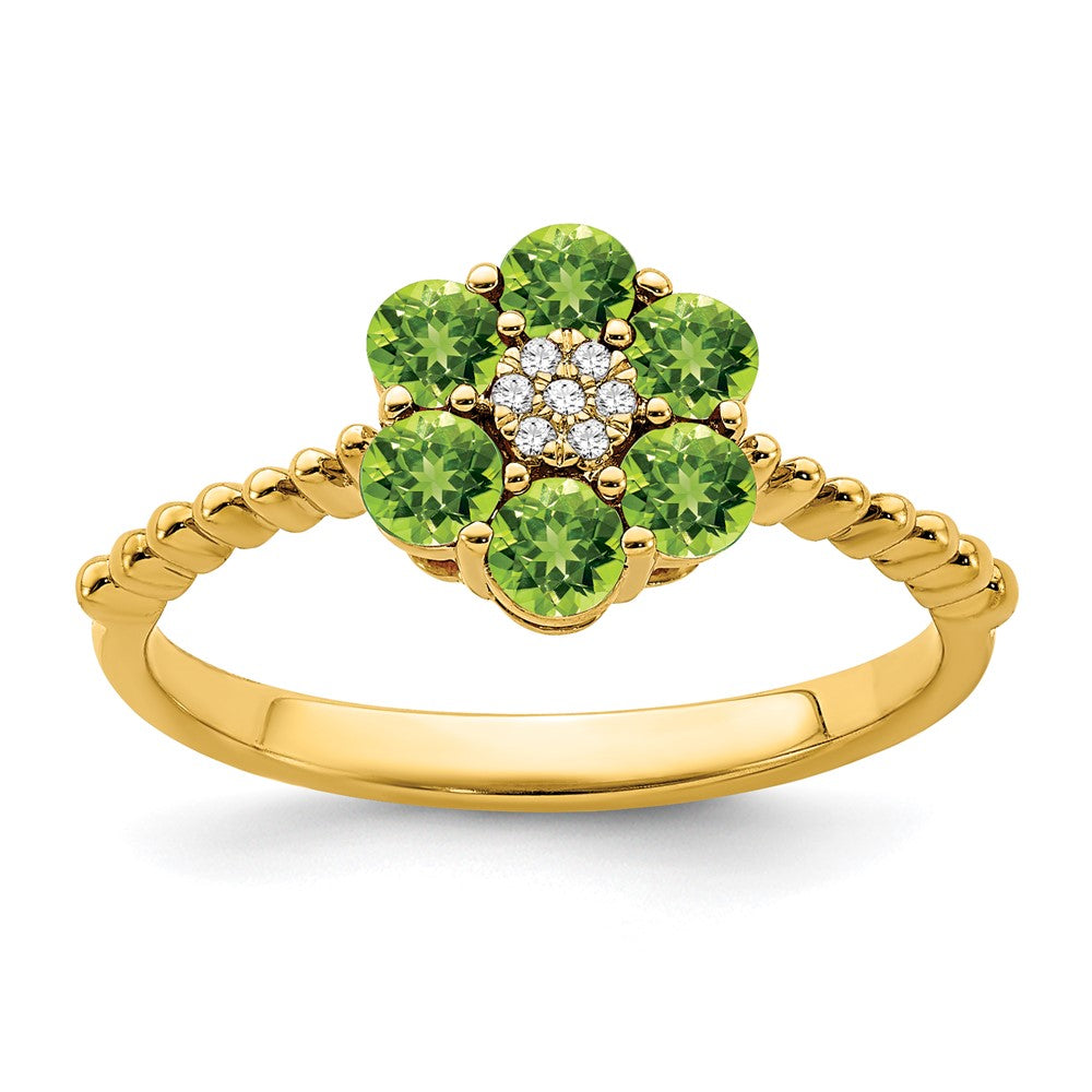 14K Gelbgold Ring mit Peridot und echten Diamanten, Blumen-Design