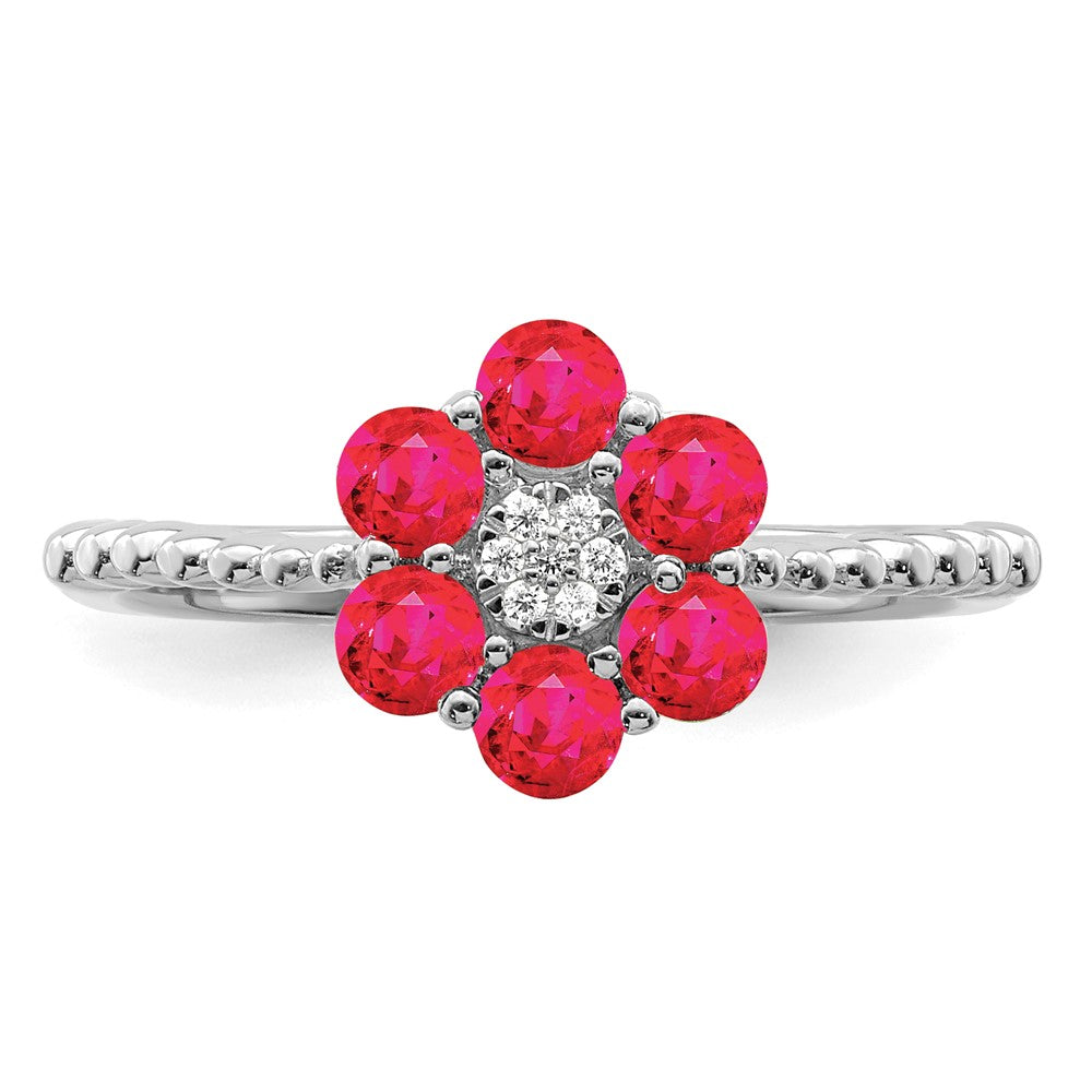 14K Weißgold Ring mit Rubin und echten Diamanten in Blumendesign