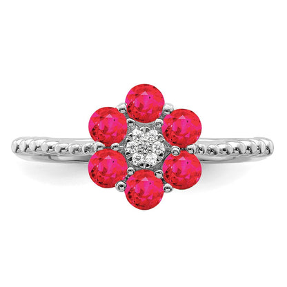 14K Weißgold Ring mit Rubin und echten Diamanten in Blumendesign