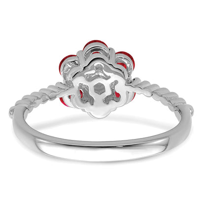14K Weißgold Ring mit Rubin und echten Diamanten in Blumendesign