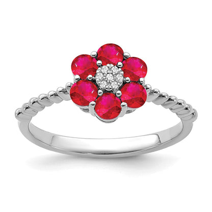 14K Weißgold Ring mit Rubin und echten Diamanten in Blumendesign