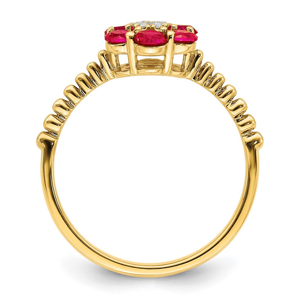 14K Gelbgold Ring mit Rubin und echten Diamanten in Blumendesign