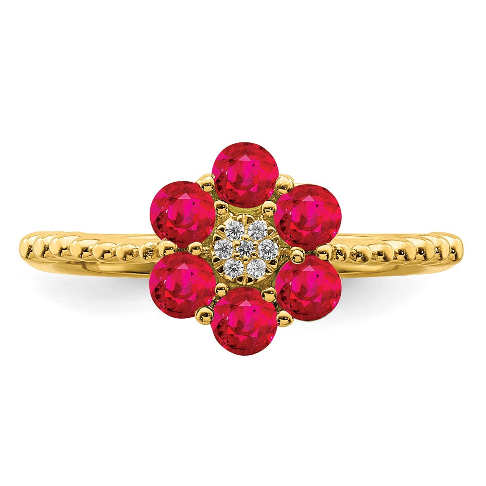 14K Gelbgold Ring mit Rubin und echten Diamanten in Blumendesign