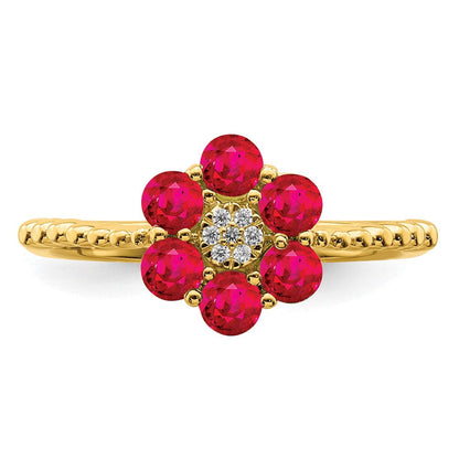 14K Gelbgold Ring mit Rubin und echten Diamanten in Blumendesign