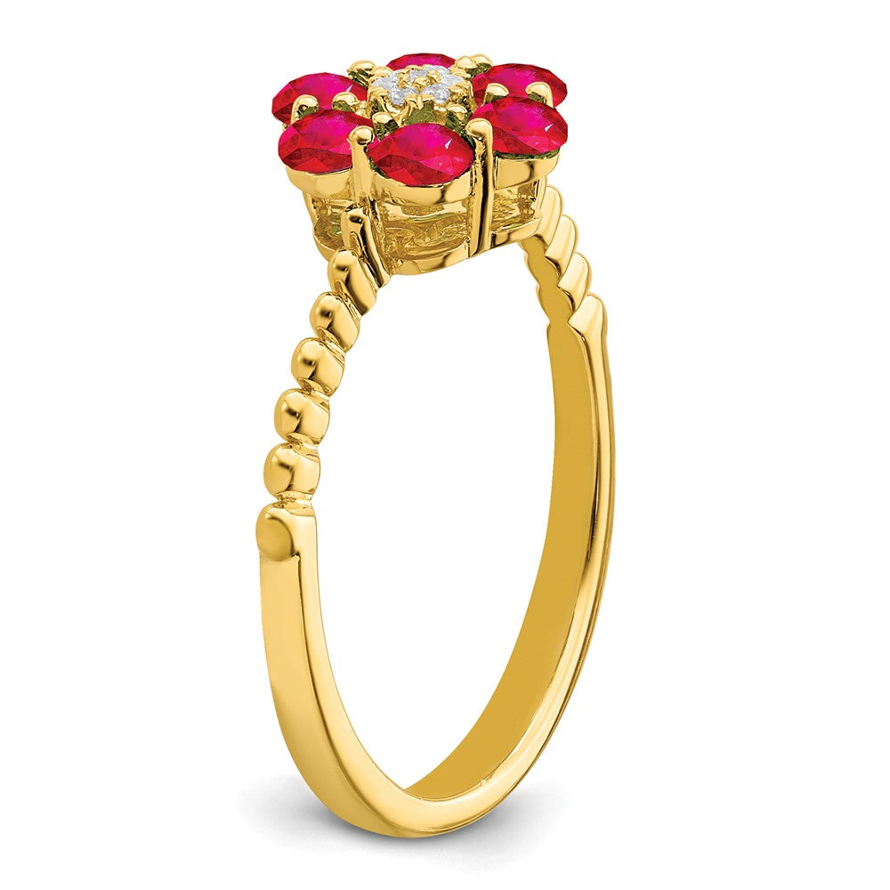 14K Gelbgold Ring mit Rubin und echten Diamanten in Blumendesign