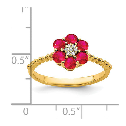 14K Gelbgold Ring mit Rubin und echten Diamanten in Blumendesign