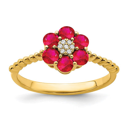 14K Gelbgold Ring mit Rubin und echten Diamanten in Blumendesign