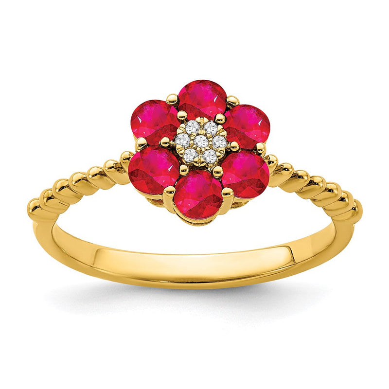 14K Gelbgold Ring mit Rubin und echten Diamanten in Blumendesign
