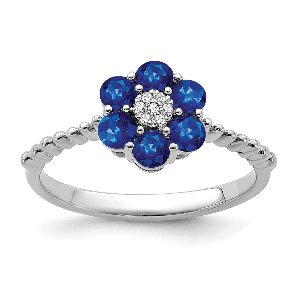 14K Weißgold Ring mit Saphir und echten Diamanten, Blumendesign