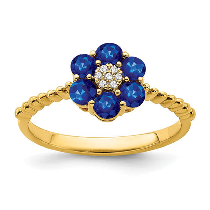 14K Gelbgold Ring mit Saphir und echten Diamanten im Blumendesign
