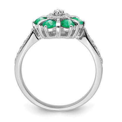 14K Weißgold Ring mit Smaragd und echten Diamanten im Blumendesign