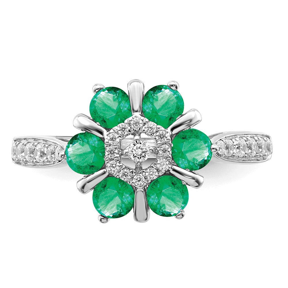 14K Weißgold Ring mit Smaragd und echten Diamanten im Blumendesign