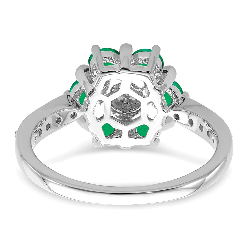 14K Weißgold Ring mit Smaragd und echten Diamanten im Blumendesign
