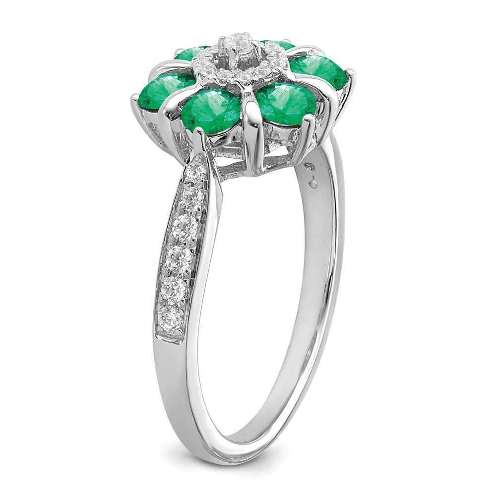 14K Weißgold Ring mit Smaragd und echten Diamanten im Blumendesign