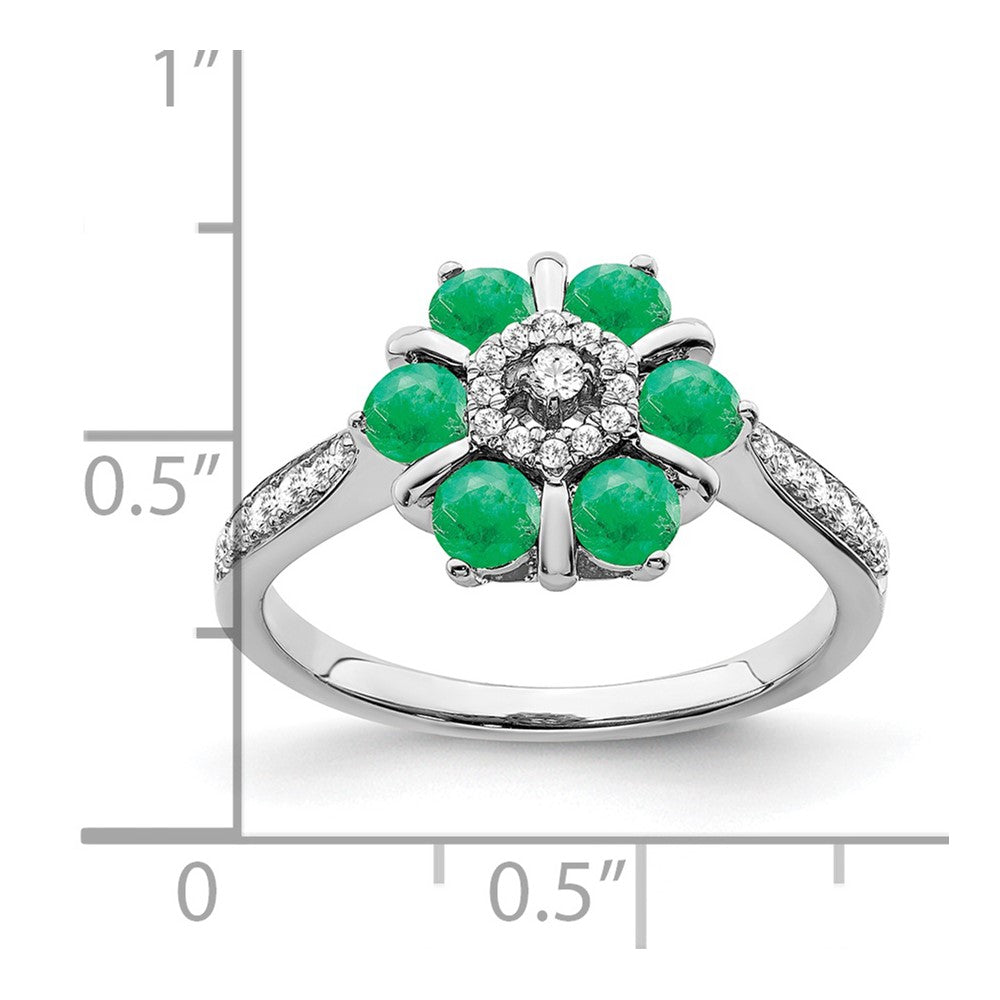 14K Weißgold Ring mit Smaragd und echten Diamanten im Blumendesign