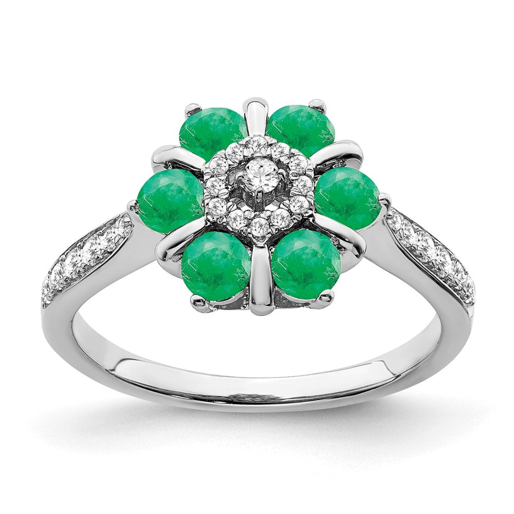 14K Weißgold Ring mit Smaragd und echten Diamanten im Blumendesign
