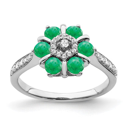 14K Weißgold Ring mit Smaragd und echten Diamanten im Blumendesign