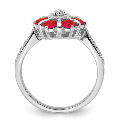 14K Weißgold Ring mit Rubin und echten Diamanten, Blumendesign